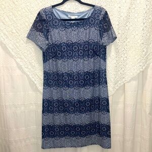 London Times Light Blue Navy Gray Lace Overlay Sheath Dress